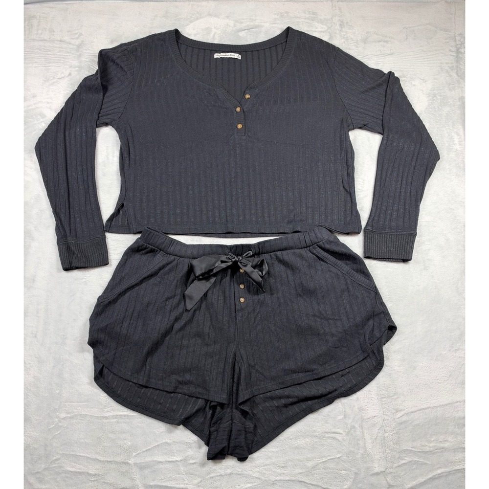 Abercrombie & Fitch Pajama Set XL Black Ribbed Henley Top Shorts Lounge